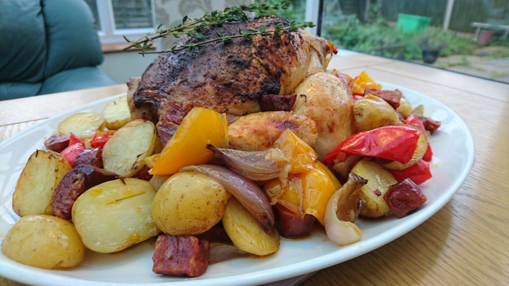 roast chicken and chorizo vegetables