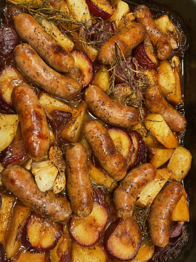 sticky sweet and sour plums and sausages